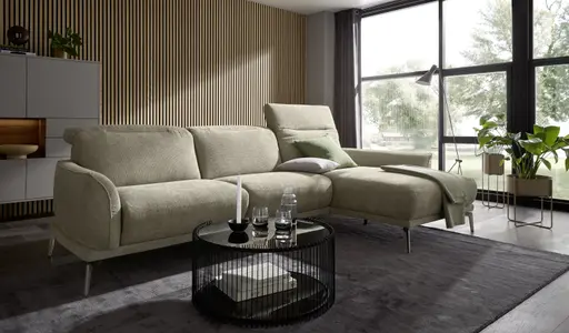 Ecksofa Amadena - 2-Sitzer mit Longchair rechts inkl. Relaxfunktion motorisch, Stoff, Limone