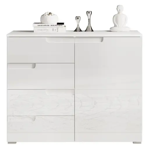Kommode - B ca. 100 cm, Weiß, Weiß Hochglanz