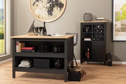 Weinschrank - B ca. 76 cm, Schwarz, Artisan Eiche Nachbildung