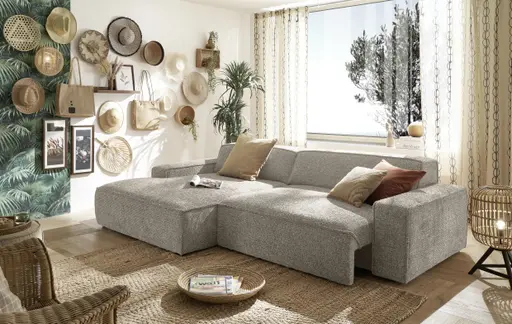 Ecksofa - Longchair links mit 2-Sitzer, Sitzvorzug motorisch, Stoff, Taupe