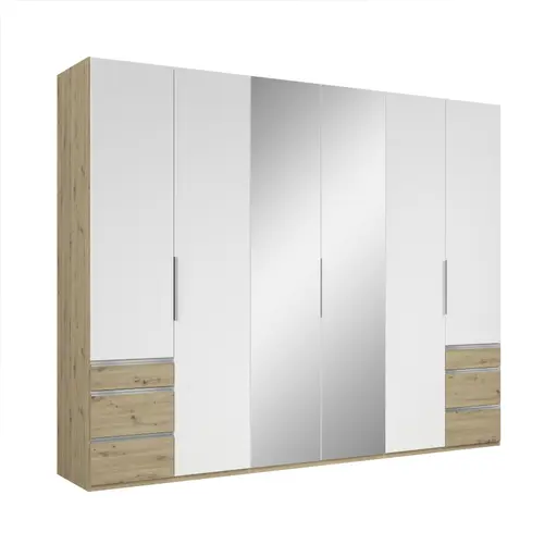 Drehtürenschrank- B ca. 300 cm, Eiche Dekor, Weiß, Spiegel