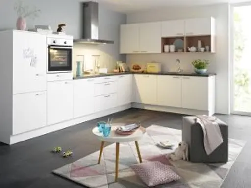 L-küche 52.180 GL 27 500, Weiß matt, Regalelement Satinlack Zartrose,