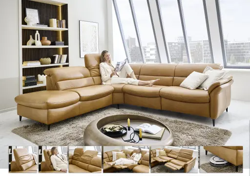 Ecksofa - Ecke links mit 2,5-Sitzer, Kopfteil verstellbar, Leder, Hellbraun