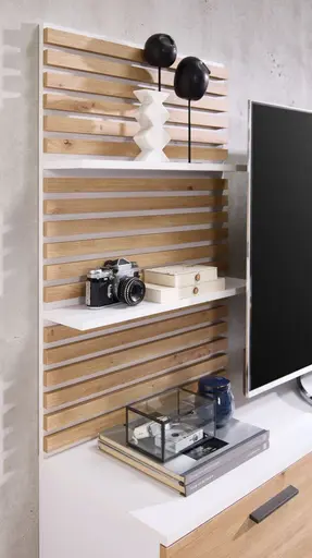 Wohnwand- Weiß, Eiche Dekor