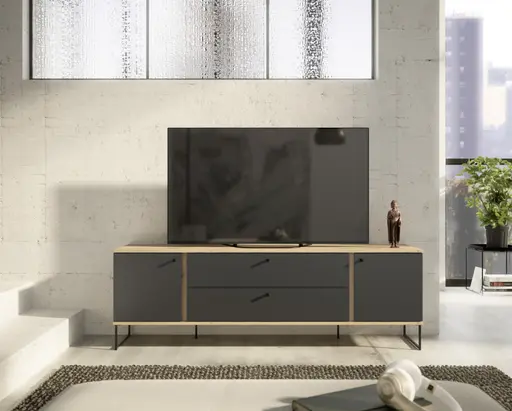 Lowboard - B ca. 180 cm, Anthrazit, Evoke Eiche Nachbildung