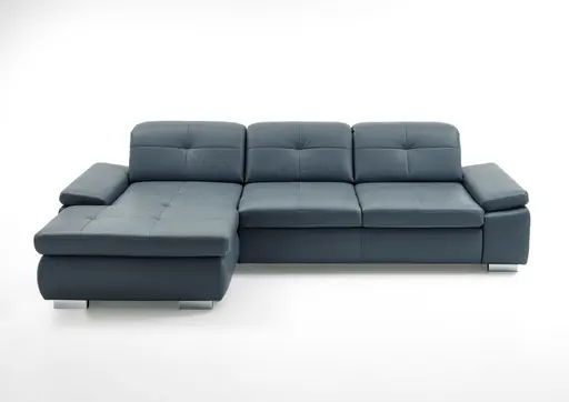Ecksofa - Longchair links mit 3-Sitzer inkl. Sitztiefenverstellung, Leder, Graublau