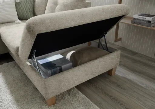 Wohnlandschaft - Ecke links, 2-Sitzer, Longchair rechts inkl. Schlaffunktion mit Bettkasten, Stoff, Hellgrau