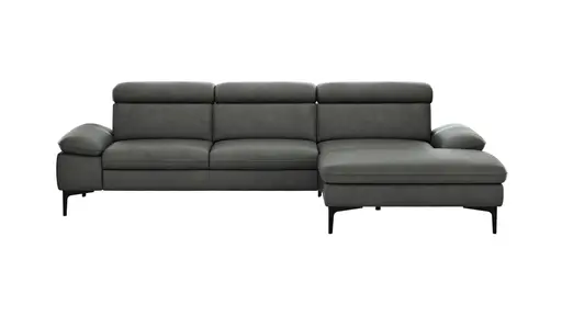 Ecksofa Felipa - 2,5-Sitzer mit Longchair rechts inkl. Kopfteil verstellbar, Leder, Grau