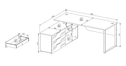 Winkelschreibtisch - LB ca. 180x160 cm, Riva Eiche Nachbildung, Kaschmir, Silberfarben