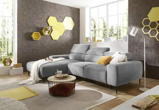 Ecksofa - Longchair links mit 2-Sitzer, Sitzvorzug motorisch, Kopfteil verstellbar, Stoff, Grau