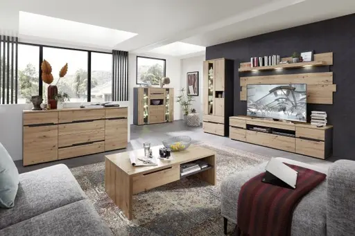 Wohnwand - mit Beleuchtung, Artisan Eiche Nachbildung, Graphit