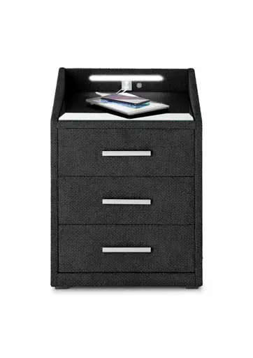 Nachttisch- Schwarz, mit Glasplatte, inkl. Beleuchtung