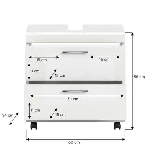 Waschbeckenunterschrank - B ca. 60 cm, Weiß, Weiß Hochglanz
