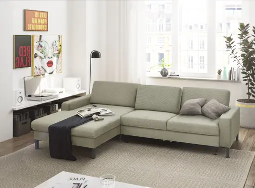 Ecksofa CALM MOVE 2.0 - Longchair links mit 2,5-Sitzer, Schlaffunktion, Feincord, Olive