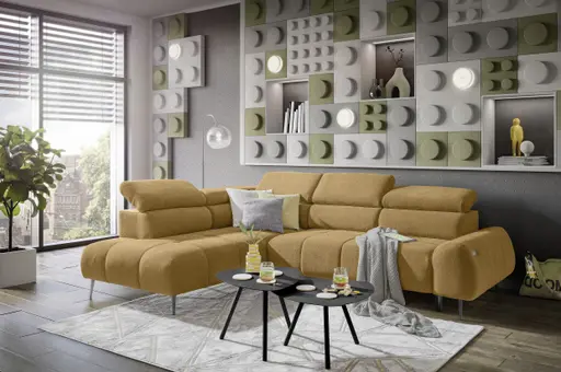 Ecksofa - Ecke links mit 2-Sitzer, Sitzvorzug motorisch, Kopfteil verstellbar, Stoff, Amber