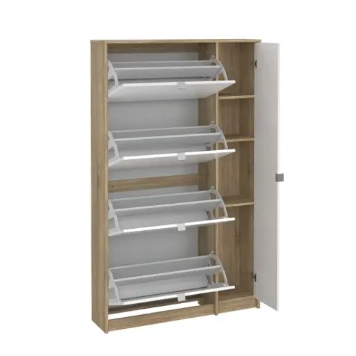 Schuhschrank - B ca. 99 cm, Eiche Struktur Nachbildung, Weiß Hochglanz