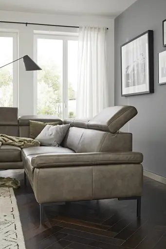 Ecksofa Hudson - Ecke links mit 2,5-Sitzer inkl. Kopfteil/Armlehne verstellbar und Sitzvorzug/Relaxfunktion (motorisch), Leder, Braungrün