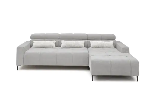Ecksofa - 2-Sitzer mit Longchair rechts, Sitztiefe verstellbar motorisch/Kopfteil verstellbar, Stoff, Silbergrau