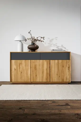 Sideboard Missoula - Asteiche massiv, natur geölt - Schubladen mit Glas anthrazit