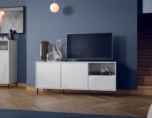 TV-Lowboard - B ca. 158 cm, Weiß, Weiß Hochglanz