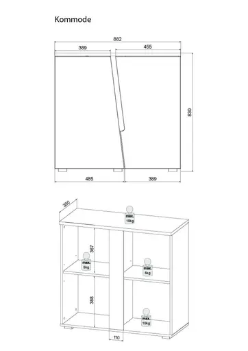 Kommode - B ca. 88 cm, Weiß, Weiß Hochglanz, Anthrazit