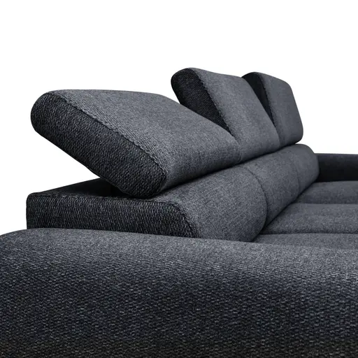 Ecksofa - 2-Sitzer mit Longchair rechts, Sitzvorzug motorisch, Kopfteil verstellbar, Stoff, Schwarzgrau
