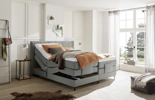 Boxspringbett EM Mirano - mit Motor, Matratze, Topper, Liegefläche ca. 180x200 cm, Stoff, Grau