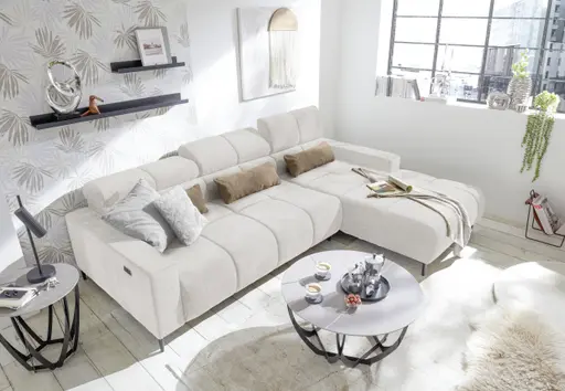 Ecksofa - 2-Sitzer mit Longchair rechts, Sitztiefe verstellbar motorisch/Kopfteil verstellbar, Stoff, Sand