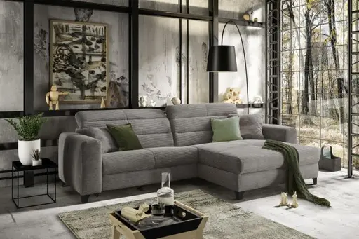 Ecksofa JAROM - 3-Sitzer, Ecke rechts inkl. Relaxfunktion (motorisch) und Kopfteil verstellbar, Stoff, Grau