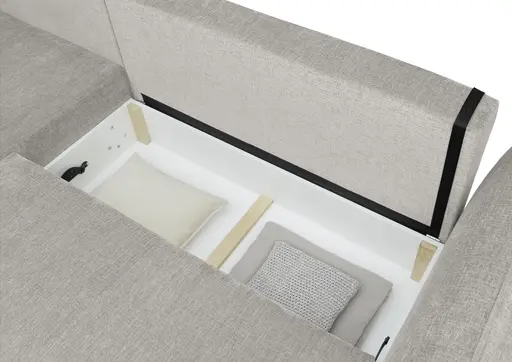 Ecksofa - Longchair links mit 2-Sitzer, Schlaffunktion mit Bettkasten, Stoff, Creme