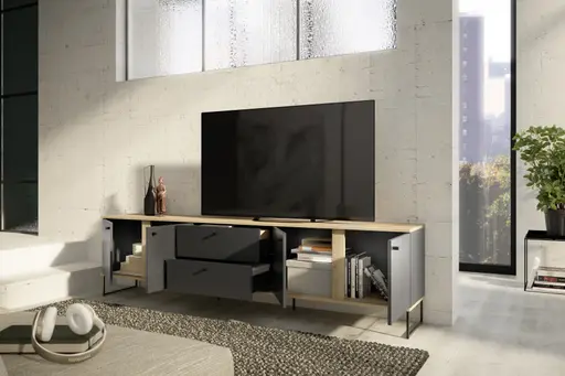 Lowboard - B ca. 225 cm, Anthrazit, Evoke Eiche Nachbildung