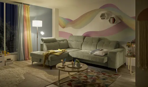 Ecksofa - Ecke links mit 2-Sitzer, Kopfteil verstellbar, Sitztiefe verstellbar motorisch, Stoff, Sand