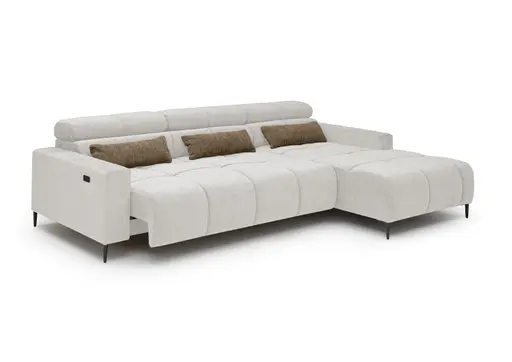 Ecksofa - 2-Sitzer mit Longchair rechts, Sitztiefe verstellbar motorisch/Kopfteil verstellbar, Stoff, Sand