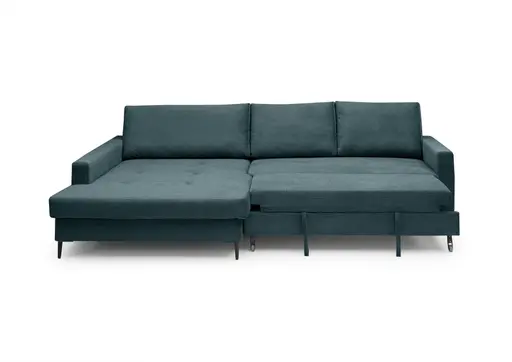 Ecksofa - Longchair links mit 3-Sitzer, Schlaffunktion mit Bettkasten, Stoff, Azur
