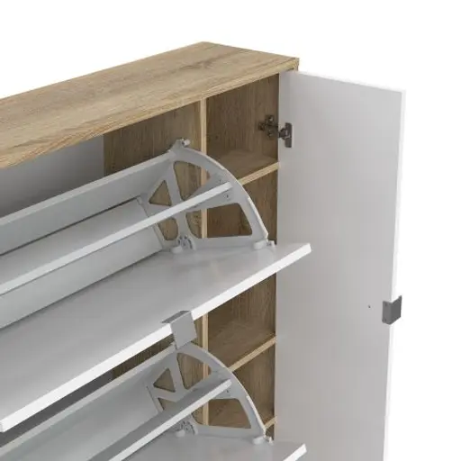 Schuhschrank - B ca. 99 cm, Eiche Struktur Nachbildung, Weiß Hochglanz