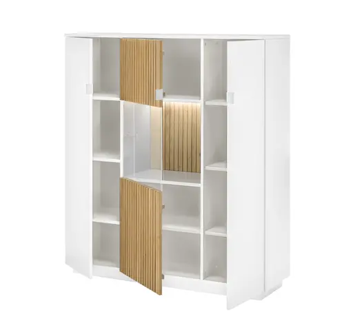 Highboard - mit Beleuchtung, Lack, weiß-grau, Eiche, teilmassiv