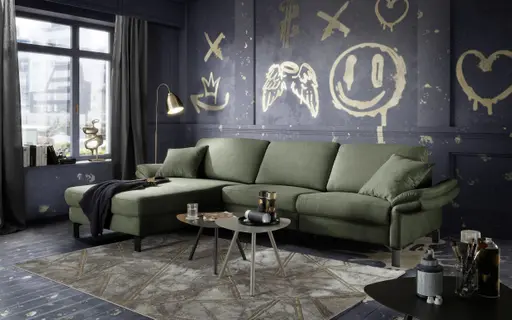 Ecksofa CALM PREMIUM 2.0 - Longchair links mit 3-Sitzer, Relaxfunktion motorisch, Armlehne verstellbar, Stoff, Dunkelgrün