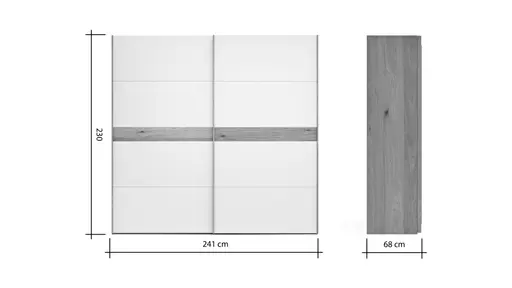 Schwebetürenschrank Viana - B ca. 241 cm, Lack, Weiß, Riffholz, Balkeneiche