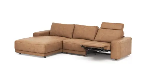 Ecksofa Balok - Longchair groß rechts mit 2,5-Sitzer, inkl. Relaxfunktion (motorisch) und Kopfstütze, Leder, Cognac