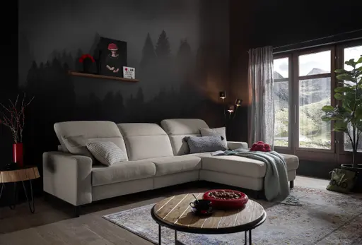Ecksofa - CALM FLEX 2.0, 3-Sitzer mit Longchari rechts, Kopfteil verstellbar, Stoff, Hellgrau