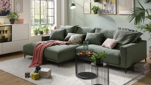 Ecksofa Solero - Longchair groß mit 1,5-Sitzer rechts, Stoff, Olivgrün