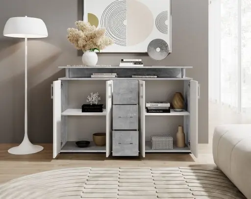 Highboard - B ca. 139 cm, Betonoptik, Weiß