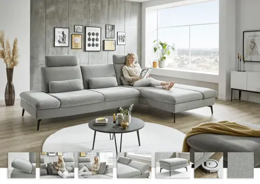Ecksofa - 3-Sitzer mit Longchair rechts, Armlehne verstellbar, Stoff, Silbergrau