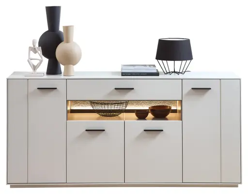 Sideboard -  mit Beleuchtung, Creme Lack, Absetzung: Granit Steinfurnier