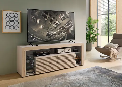 TV-Lowboard - mit Beleuchtung, B ca. 179 cm, Kaschmir, Riva Eiche Nachbildung