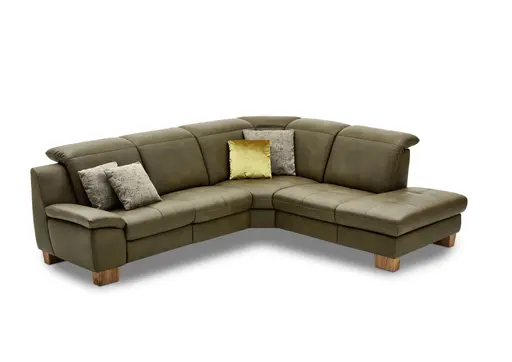 Ecksofa - 2-Sitzer mit Ecke rechts, Sitztiefe verstellbar, Leder, Olive