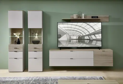 Wohnwand - mit Beleuchtung, Kaschmir, Riva Eiche Nachbildung