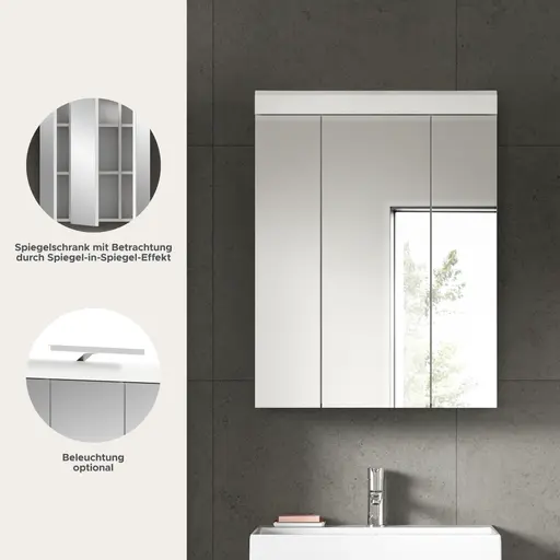 Spiegelschrank - B ca. 60 cm, Weiß, Weiß Hochglanz