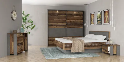 Bettgestell FEA - gepolstertes Kopfteil, Liegefläche ca. 180x200 cm, Old Wood Vintage Dekor, Betonoptik Dunkelgrau