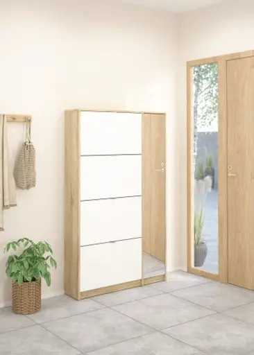 Schuhschrank - B ca. 99 cm, Eiche Struktur Nachbildung, Weiß Hochglanz